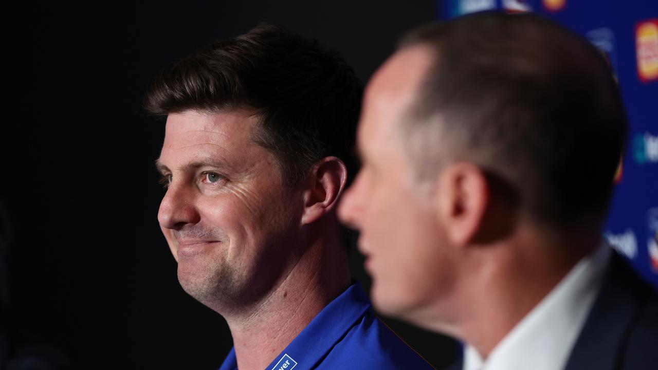 PERTH, AUSTRALIA - SEPTEMBER 30: Andrew McQualter, senior coach of the Eagles looks on as Don Pyke addresses the media during a West Coast Eagles AFL press conference at Mineral Resources Park on September 30, 2024 in Perth, Australia. (Photo by Paul Kane/Getty Images)