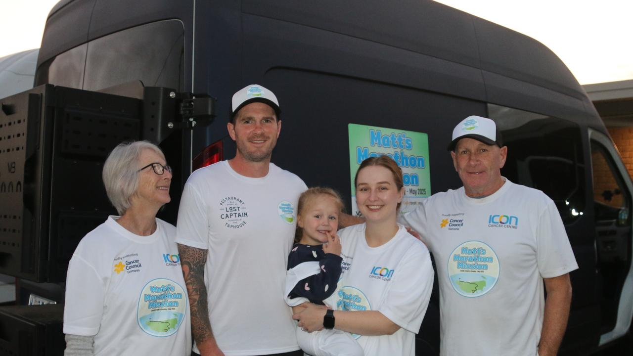 The Duggans: Kerrie, Matt, 3-year-old Halle, Kelly and Steve on the final day of Matt's Marathon Mission. Matt will run to the top of the Nut at Stanley to raise awareness and money for bowel cancer. Picture: Elise Kaine