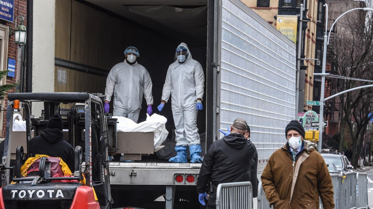 Due to a surge in deaths caused by coronavirus, hospitals are using refrigerator trucks as makeshift morgues. Picture: Stephanie Keith/Getty Images/AFP