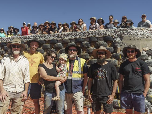 The crew on the Inman Valley Earthship with hosts Evie and Tristan. Picture: Nick Clayton.