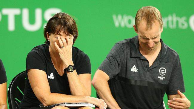 New Zealand coach Janine Southby (C) reacts during the Netball Bronze Medal Match.