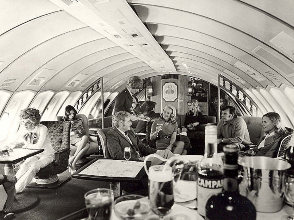 Upper deck lounge area of Qantas 747 circa 1970s. Picture: Qantas