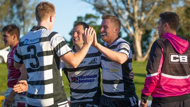 Bailey Morris celebrating with his Berry-Shoalhaven Heads Magpies teammates. Photo: Paul Davidson