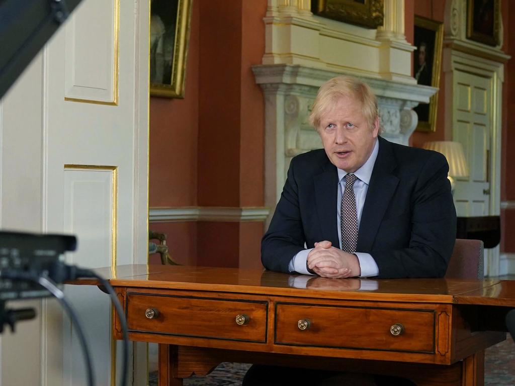 Britain's Prime Minister Boris Johnson delivers his address from Downing Street. Picture: Andrew Parsons/10 Downing Street via AP.