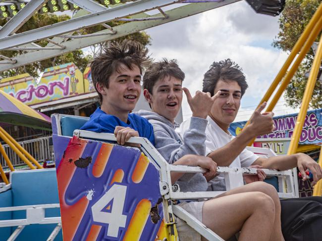 Riley Cox, Max Fleri, Pasquale De Maria enjoying a ride at the Mildura Show 2024. Picture: Noel Fisher