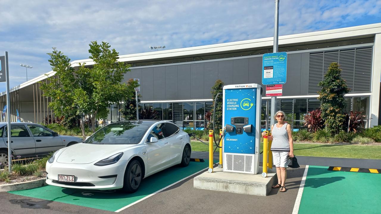 Arthur and Laurel Hunt's Tesla Model 3 SR+ charging at Miami Aquatic Centre. Picture: Contributed