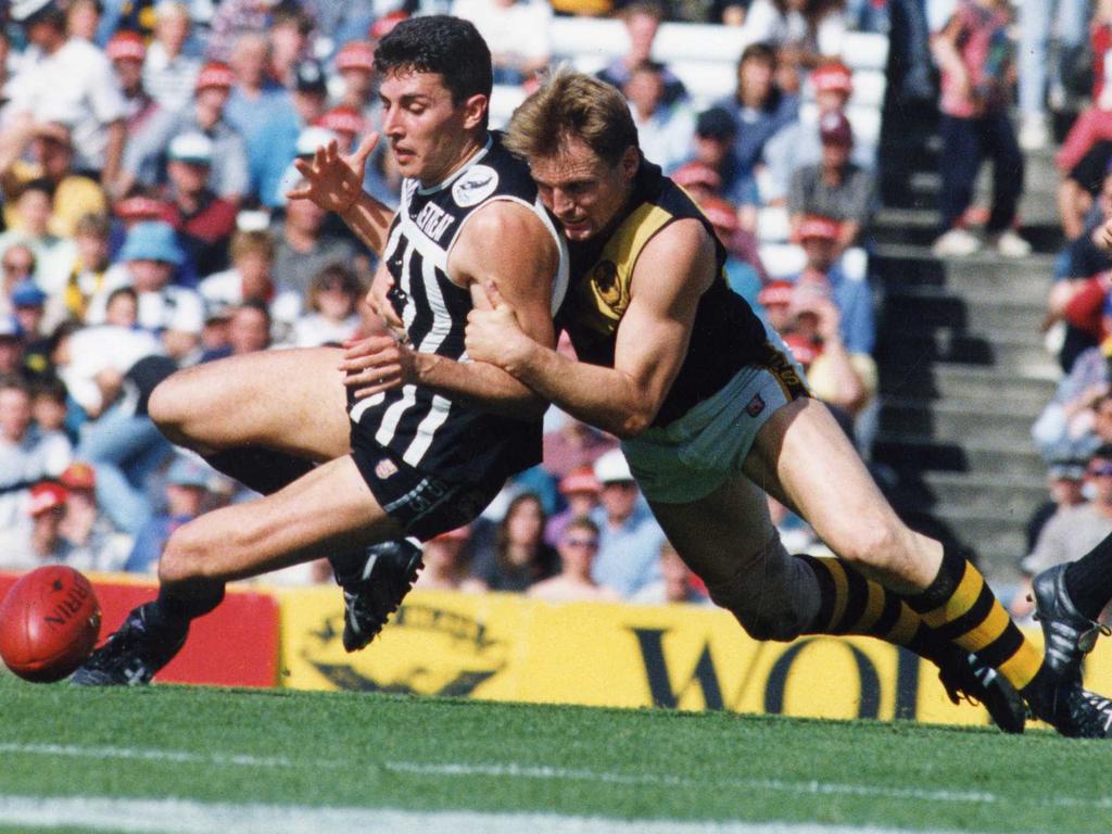 Footballer Scott Salisbury (r) tackles David Hutton. in 1992. Picture: Mark Brake