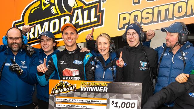 TAILEM BEND, AUSTRALIA – JULY 30: (EDITORS NOTE: A polarising filter was used for this image.) Zak Best, driver of the #78 Tickford Racing Ford Mustang, celebrates with his team after taking pole position for race 1 of the OTR Supersprint round of the 2022 Supercars Championship Season at The Bend on July 30, 2022 in Tailem Bend, Australia. (Photo by Daniel Kalisz/Getty Images)