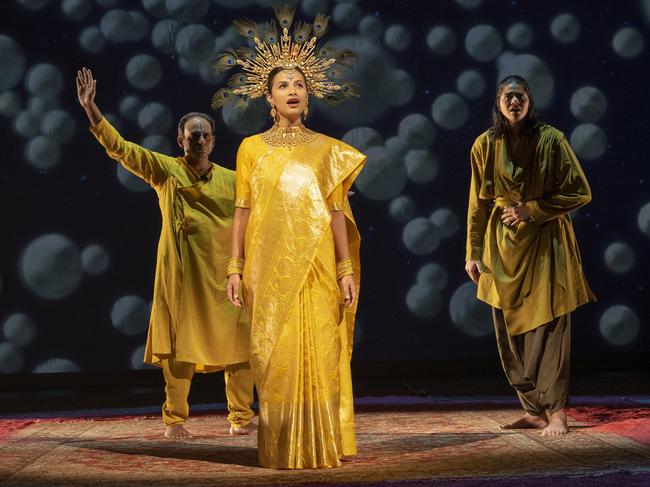 Meher Pavri as the Opera Singer, with Neil D'Souza as Krishna and Anaka Maharaj-Sandhu as Arjuna in Why Not TheatreÃ¢â‚¬â„¢s Mahabharata (Shaw Festival, 2023). Photo by David Cooper.