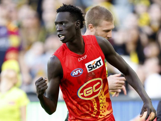 MELBOURNE, AUSTRALIA - AUGUST 24:  Mac Andrew of the Suns celebrates a goal during the round 24 AFL match between Richmond Tigers and Gold Coast Suns at Melbourne Cricket Ground, on August 24, 2024, in Melbourne, Australia. (Photo by Darrian Traynor/Getty Images)