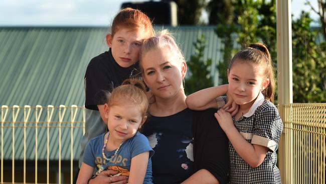 Nicole Kenway and with her children Alannah, 11, Jenna, 6 and Piper, 4. They copped a $500 debt from Centrelink because they were told they had received too much childcare subsidy during the year. Picture: Tony Gough