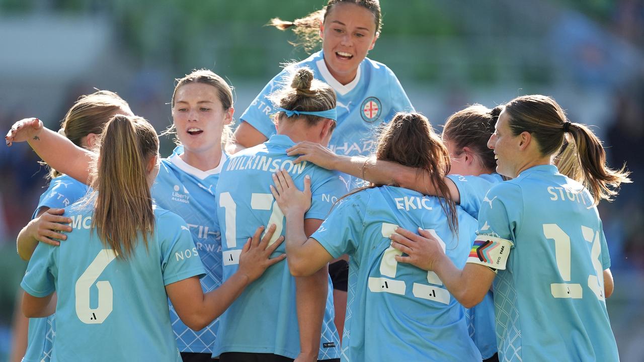 Melbourne City’s Hannah Wilkinson celebrates scoring a goal during the A-League Women Semi Final against Newcastle Jets. Picture: Getty Images