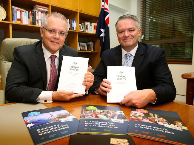 Treasurer Scott Morrison and Minister for Finance Senator Mathias Cormann with the Budget. Picture Kym Smith