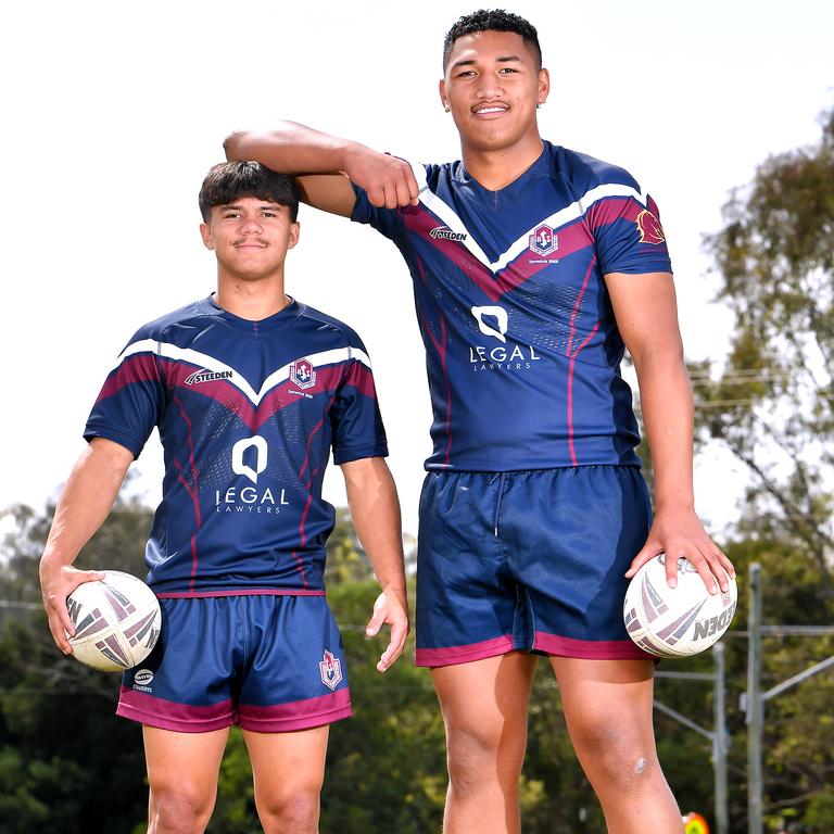 Ipswich SHS teammates Tyler Peckham-Harris (left) and Loko Pasifiki Tonga (right) are set to play together at the Dragons. Picture: John Gass