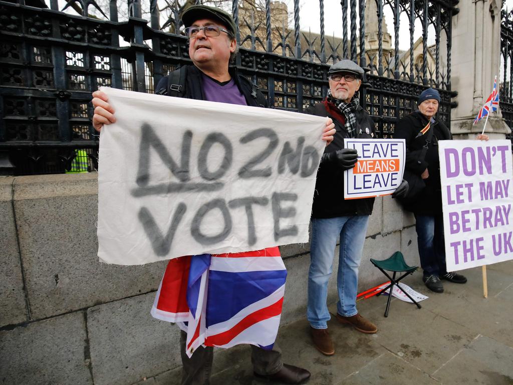 A protester against a second EU referendum protests outside the Houses of Parliament in central London. Picture: Supplied