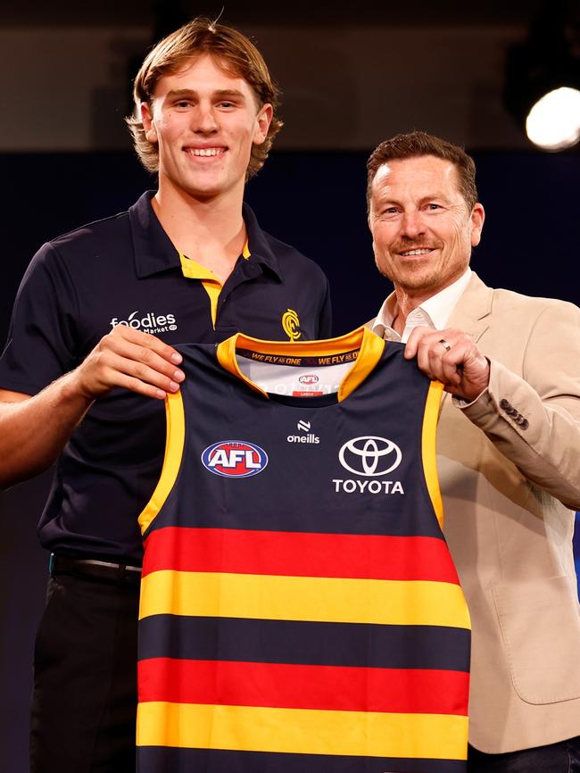 Daniel Curtin with Mark Bickley after being selected at number eight by the Adelaide Crows. (Photo by Michael Willson/AFL Photos via Getty Images)