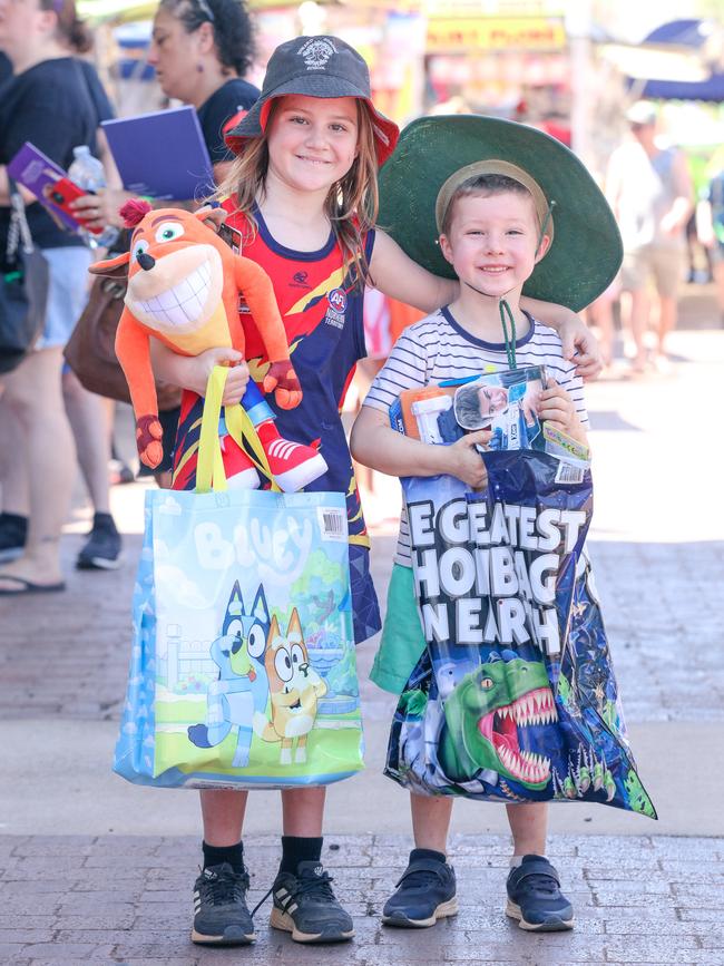 Shania, 9, and Carter, 4, Hargreaves enjoying day one of the Royal Darwin Show. Picture: Glenn Campbell