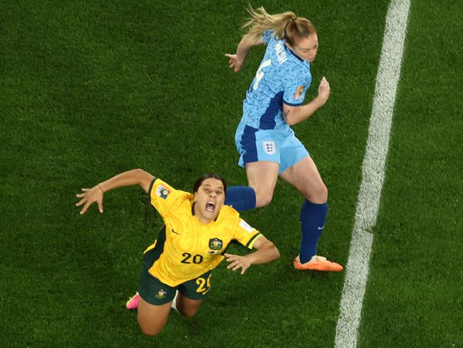 Sam Kerr was brought down in nasty fashion. Photo: Twitter, News Corp Australia.