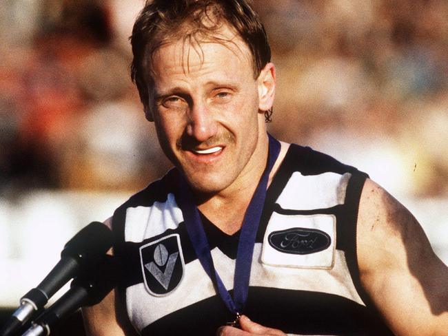 1989. Gary Ablett accepts the Norm Smith Medal after kicking nine goals. Grand Final. Hawthorn vs Geelong. MCG. sport AFL