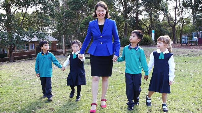 NSW Premier Gladys Berejiklian at her old primary school, North Ryde Public School, with Kirin Naidoo Bennett, Charlotte Chow, Gladys, Tatsufumi Motohiro and Sarah Cumming. Picture: Sam Ruttyn