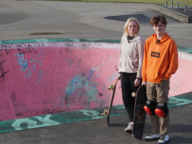 Jessica Bowd and Tanner Neale are concerned Dimjalla Skatepark in Mount Gambier will be demolished. Picture: Jessica Ball