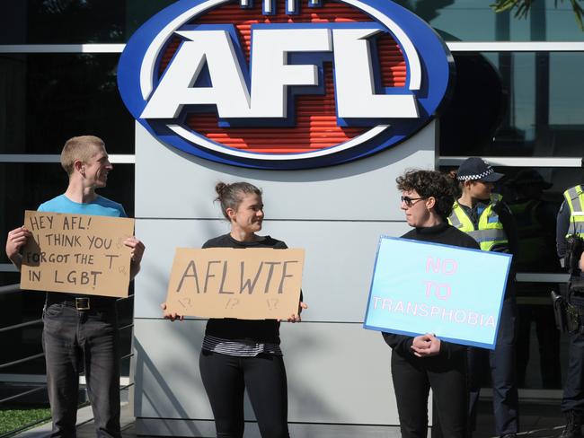 Protesters demonstrate outside AFL House at Docklands after the recent AFLW decision to not allow transgender players in the draft.