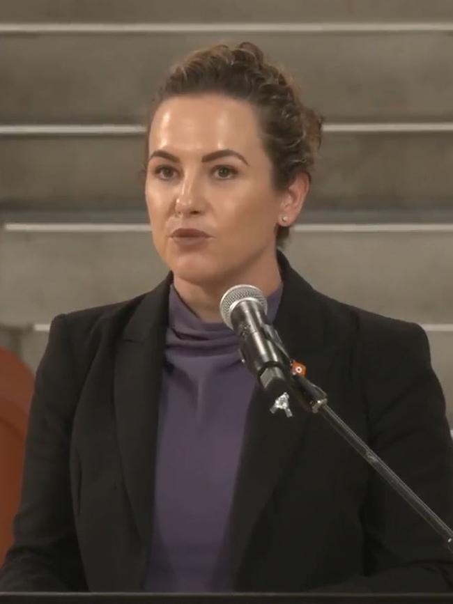 Livestream still of Northern Territory Chief Minister Lia Finocchiaro giving a speech to NT Police graduate squad 157 on March 7, 2025. Picture: NT Police