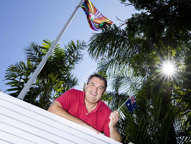 Flag enthusiast Tim Ryan owns over 230 flags for all occasions. Sunday, February 2, 2020. (AAP Image/Renae Droop)