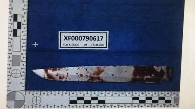 The handleless knife recovered by police that had Lembryk’s blood on it.