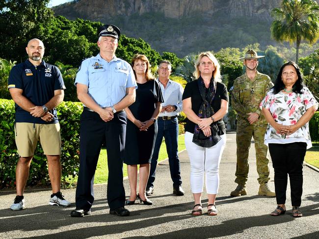 Townsville for White Ribbon; Cowboys Coach Todd Payten, Chief Superintendent Craig Hanlon, Mayor Jenny Hill, Aaron Harper MP, CEO of NQDVRS Mandy Thompson, Commander of 3rd Brigade Brigadier Kahlil Fegan, Yumba-Meta's Brenda Lucas and Anil Kaithakulath, TEL CEO Patricia O'Callaghan. Picture: Alix Sweeney