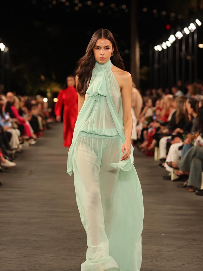 Sheer! . Carla Zampatti 60th anniversary runway show, during Australian Fashion Week 2025 at the MCA Lawn in The Rocks. Picture: Lucas Dawson for AFC Australian Fashion Week