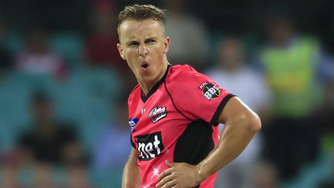 SYDNEY, AUSTRALIA - JANUARY 23: Tom Curran of the Sixers reacts during the BBL match between the Sydney Sixers and Hobart Hurricanes at Sydney Cricket Ground on January 23, 2019 in Sydney, Australia. (Photo by Mark Evans/Getty Images)