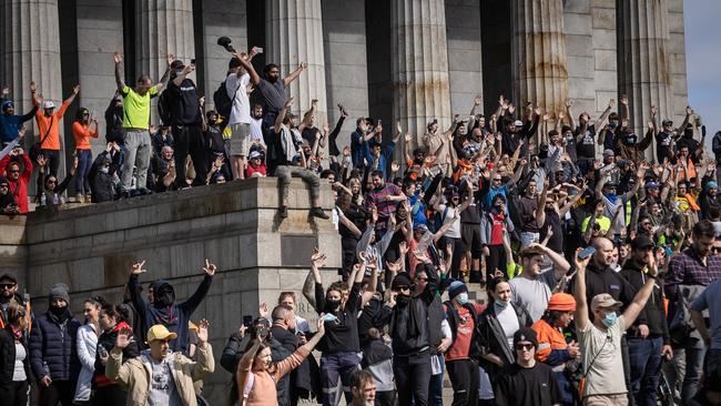 Protesters at the Shrine of Remembrance on Wednesday. Picture: Jason Edwards