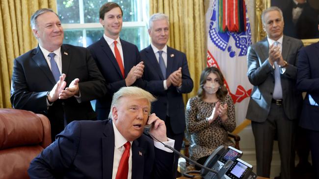 Donald Trump talks to Benjamin Netanyahu about the Sudan-Israel peace agreement. Picture: Getty Images