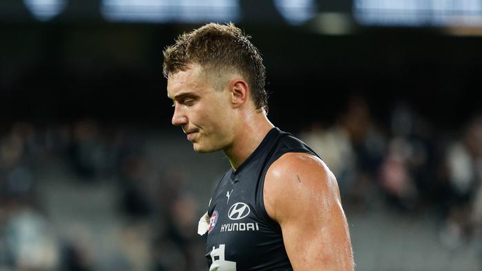 MELBOURNE, AUSTRALIA - APRIL 13: Patrick Cripps of the Blues looks dejected after a loss during the 2024 AFL Round 05 match between the Carlton Blues and the Adelaide Crows at Marvel Stadium on April 13, 2024 in Melbourne, Australia. (Photo by Dylan Burns/AFL Photos via Getty Images)