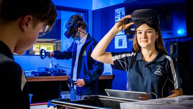 Copper Marison and Taylah-Mae Grundy take part in Lilydale High School’s STEAMworks program. Picture: Jake Nowakowski