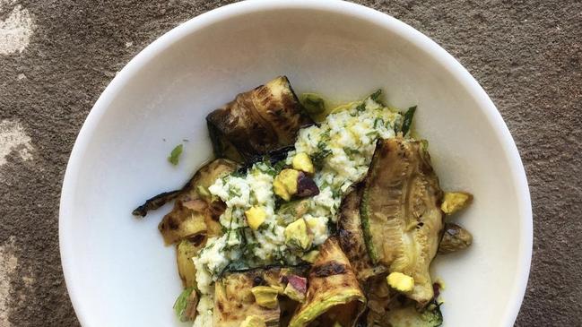 Zucchini, ricotta and pistachios.