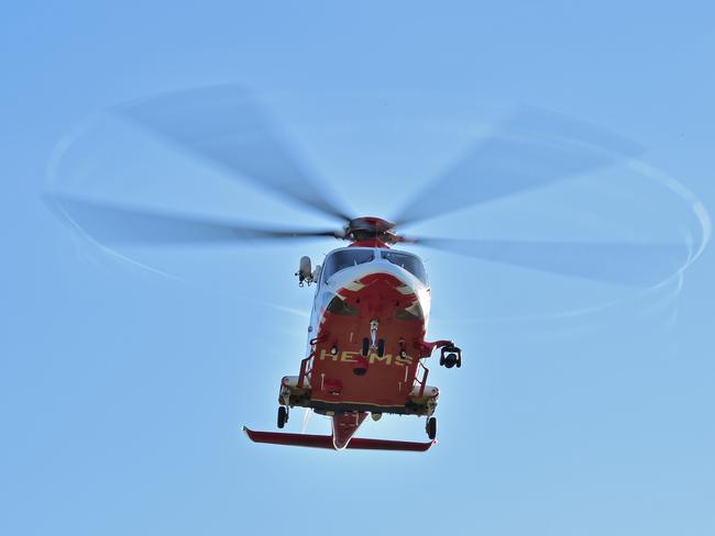 An Ambulance Victoria HEMS Air Ambulance takes off from the Grovedale Recreation Reserve. Picture: Stephen Harman