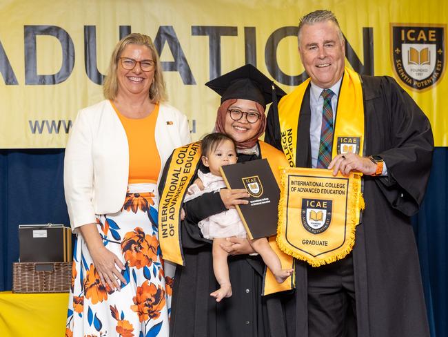 Minister Marie-Clare Boothby, Caecilia Listyawati and Sean Mahoney Chief executive at the International College of Advanced Education Graduation, May 2025. Picture: Pema Tamang Pakhrin