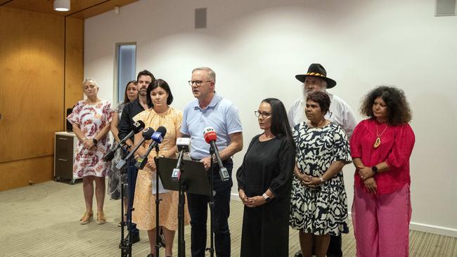 Prime Minister Anthony Albanese holds a press conference in Alice Springs after meeting with local leaders and Chief Minister Natasha Fyles. Picture: Liam Mendes/The Australian