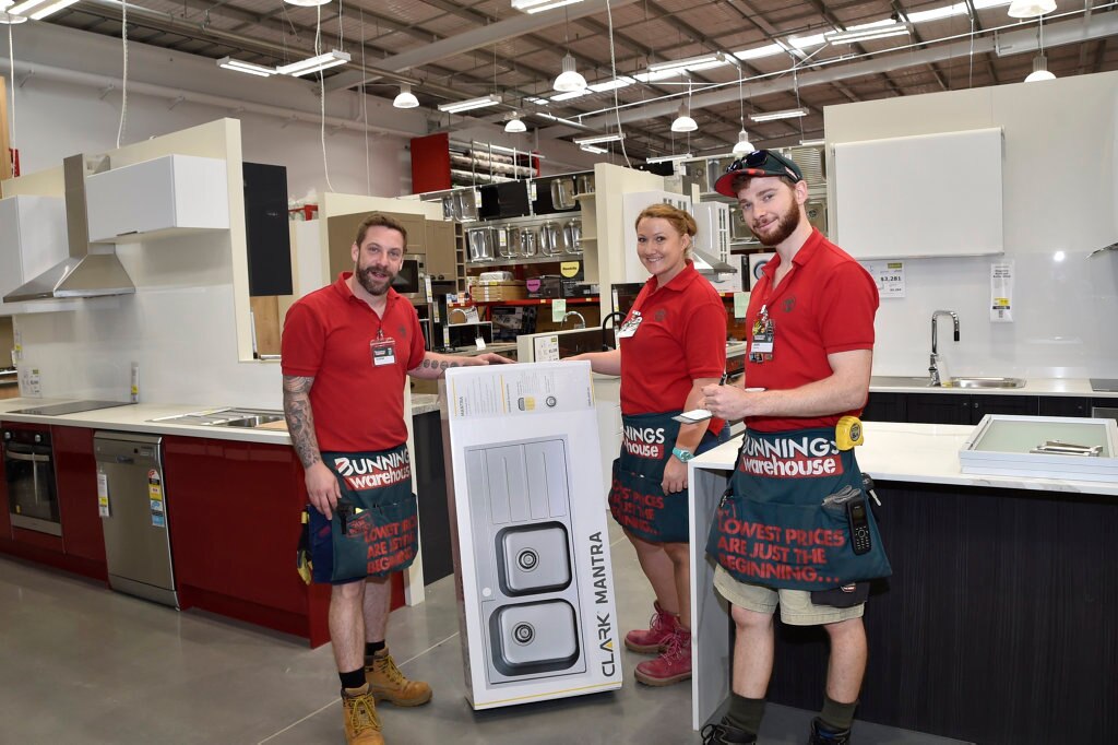 Bunnings nears completon, ready for the opening next week, from left; Eugene Wild, Kara Dolley and Peter White. October 2017. Picture: Bev Lacey