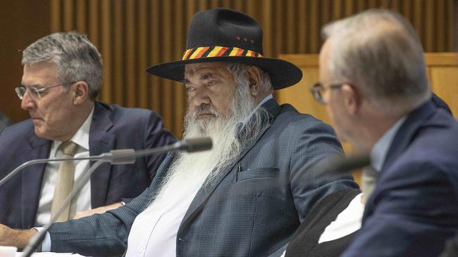 Senator Patrick Dodson, flanked by Mark Dreyfus and Prime Minister Anthony Albanese at the first referendum working group meeting in Canberra. Picture: NCA NewsWire / Gary Ramage