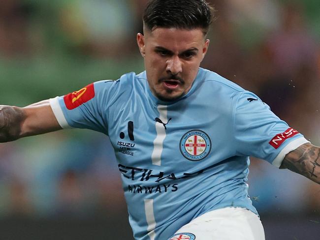 MELBOURNE, AUSTRALIA - MARCH 07: Marco Tilio of Melbourne City kicks for goal during the round 22 A-League Men match between Melbourne City and Macarthur FC at AAMI Park, on March 07, 2025, in Melbourne, Australia. (Photo by Daniel Pockett/Getty Images)