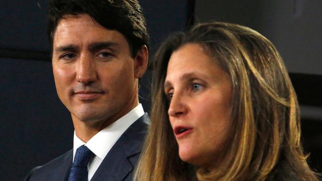 Trudeau and former finance minister Chrystia Freeland. Picture: AFP