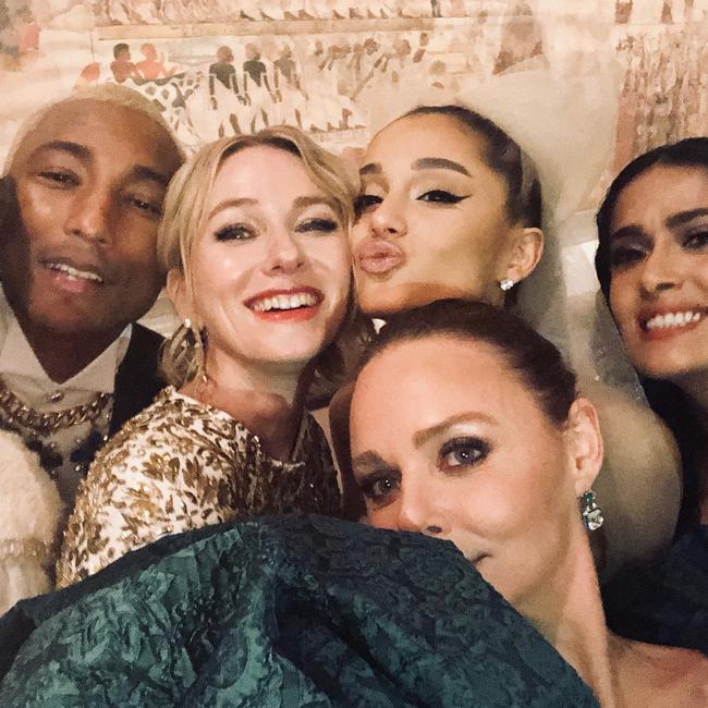 Pharrell Williams, Naomi Watts, Ariana Grande, Salma Hayek and Stella McCartney during the 2018 Met Gala in New York City.. Picture: @salmahayek /Instagram