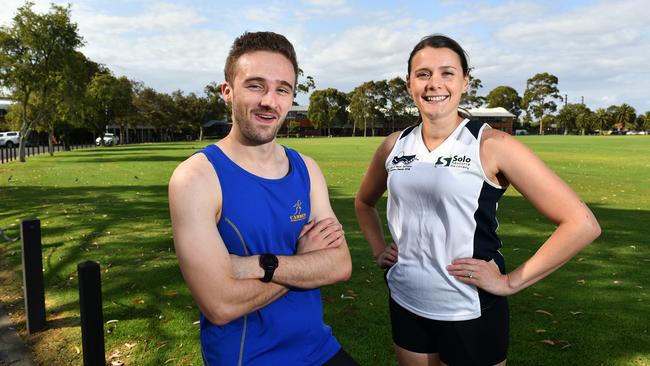 Camden Athletics Club runners Luke Bero and Alisha Peeters ahead of the Camden Classic this Sunday. Picture: AAP/ Keryn Stevens