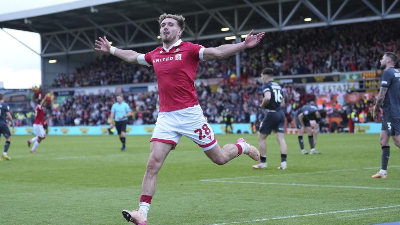 Wrexham's Sam Smith celebrates after scoring his side's third goal against Charlton Athletic. Picture: AP