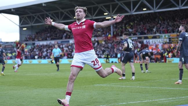 Wrexham's Sam Smith celebrates after scoring his side's third goal against Charlton Athletic. Picture: AP