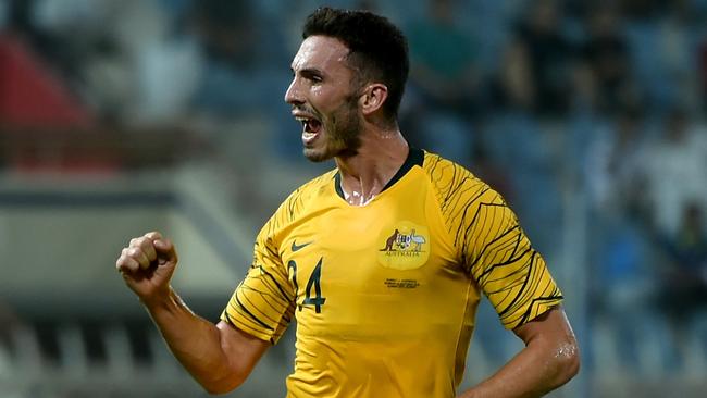 Apostolos Giannou celebrates scoring the opening goal for Australia against Kuwait at Al Kuwait Sports Club Stadium in Kuwait City. Picture: Getty Images