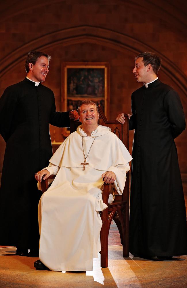 Catholic Archbishop of Sydney, the Most Rev. Anthony Fisher OP (centre) with newly ordained men of the cloth Fr Joseph Hamilton and Fr Daniele Russo.